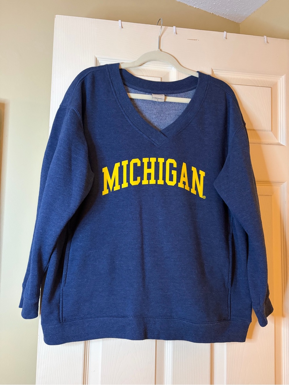 Michigan Navy V-Neck Sweatshirt with Yellow Logo